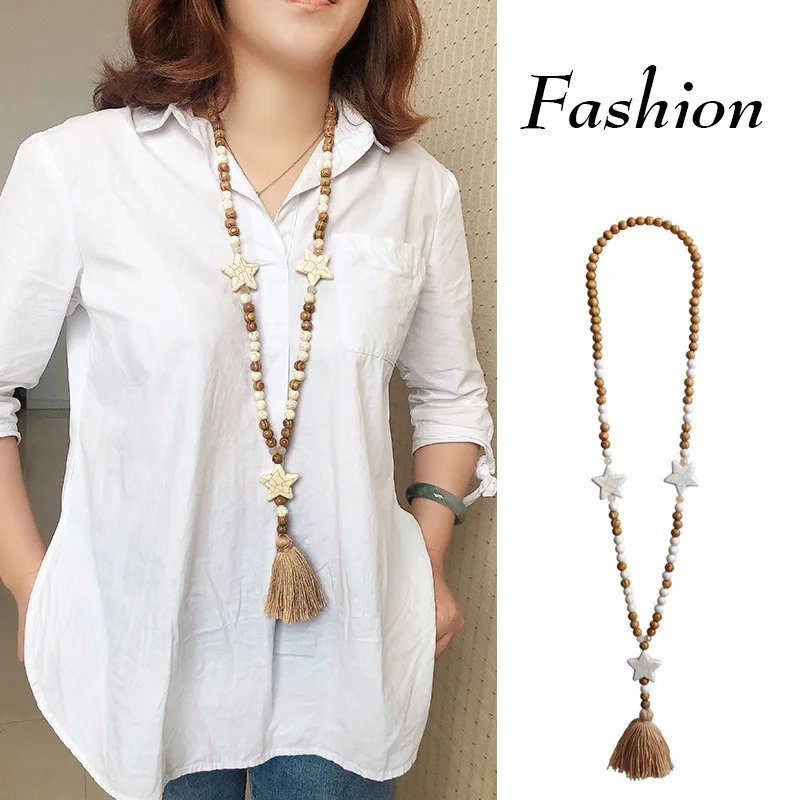 

Bohemia Women Long Necklace Wood Beaded Sweater Chain Necklace Geometric Natural Stone Colorful Tassel Pendant Necklace Jewelry