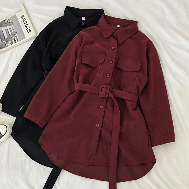 

Corduroy Dress Long Sleeve Women Buttons Pockets Turn-Down Collar Elegant Party Sashes Vintage Harajuku Clothes