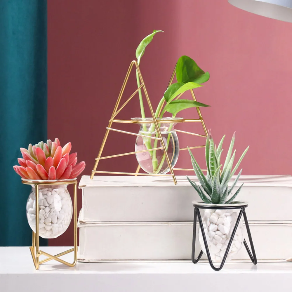 Nordic Golden Glass Vase Iron Hydroponic Plant Flower Vase Tabletop Coffee Shop Office Home Decoration Accessories Modern 2