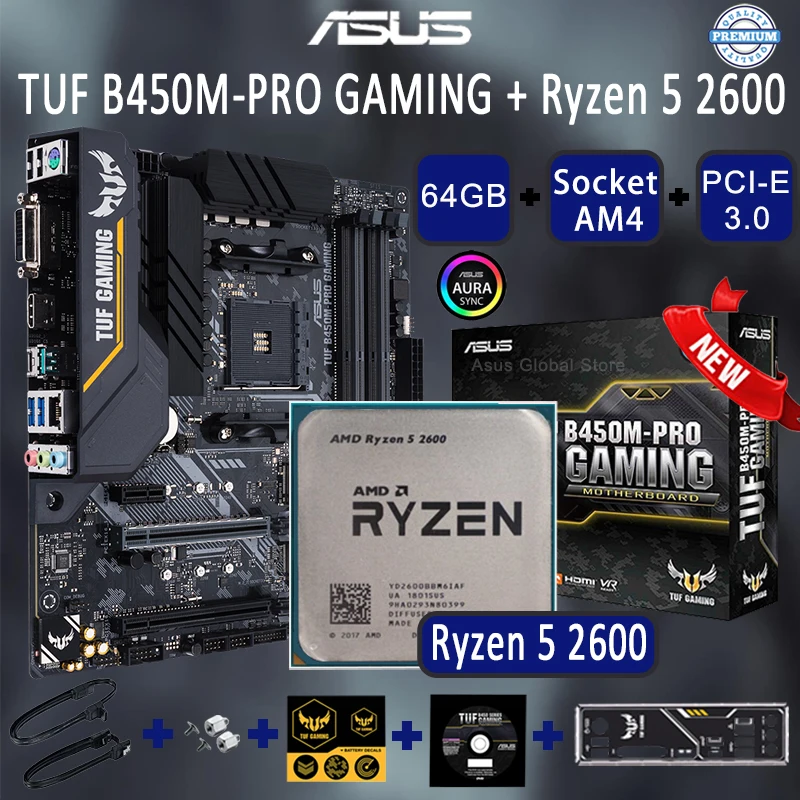 Asus TUF B450M-PRO GAMING B450 с материнской платой Ryzen 5 2600 комбинированный Рабочий стол M.2 PCI-E 3