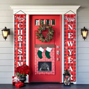 

Christmas Decorations Banner Buffalo Plaid Christmas Porch Signs - Merry Christmas & Happy New Year - Christmas Hanging Flags