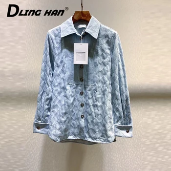 

LINGHAN Vintage Plaid Light blue cowboy shirt Fashion Single-breasted Loose shirt coat Designer Spring Summer New