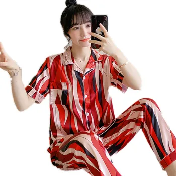 

New Sleepwear Sets Lazy Style Women Underwear Pijamas for Women Lovely Pattern Pajamas Set Silk Short Sleeve Long Pant Home Wear