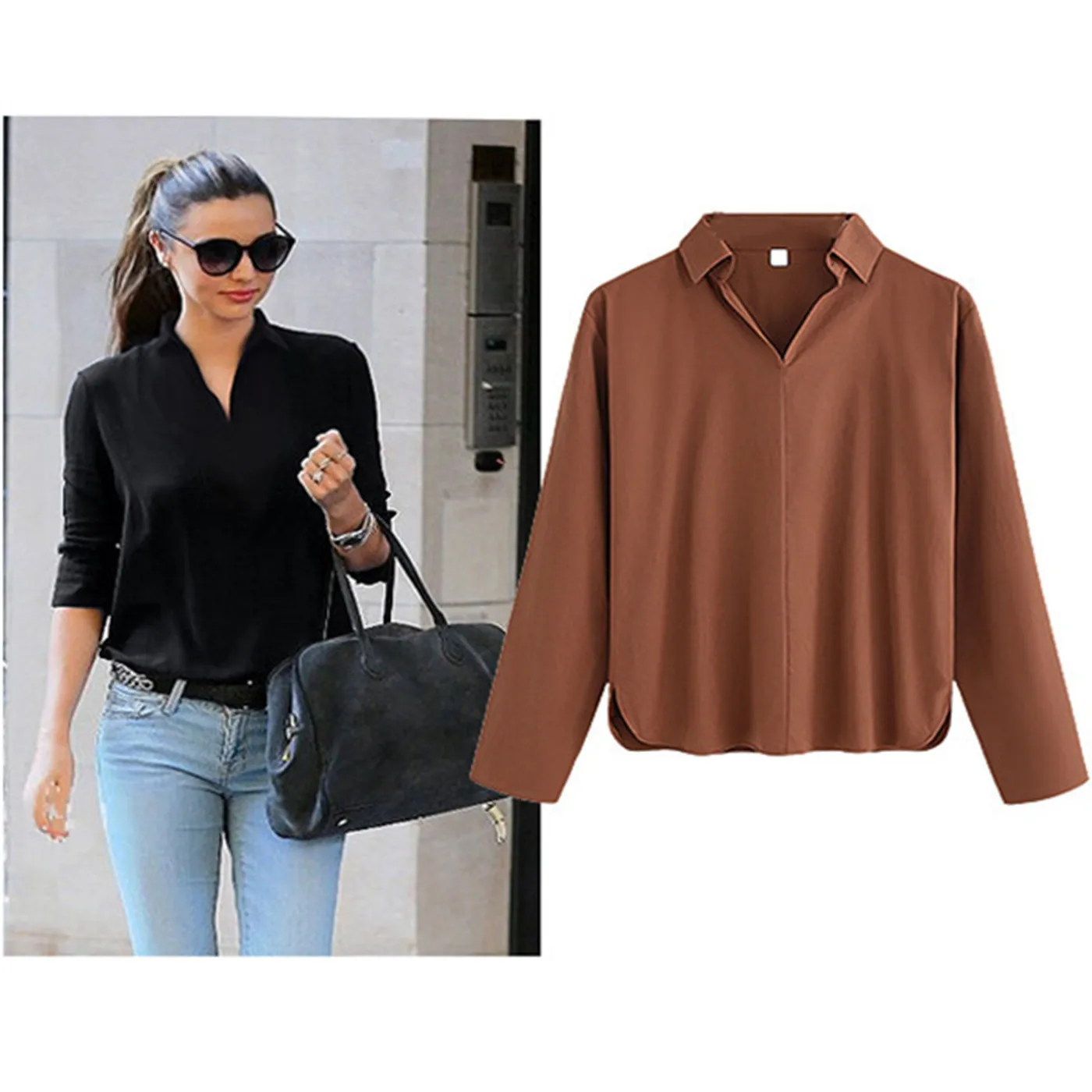 

2018 Europe And America Large Size Dress Plus-sized Fold-down Collar Arc Pendulum Fashion Shirt 8068