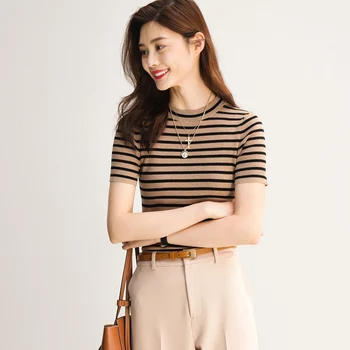 

Brand Designer Slim Bodycon Knitting Shirt For WOmen 2020 Summer Round neck Short Sleeve Striped Pullover T shirt Slim Tops