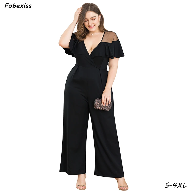

Women Jumpsuit Plus Size 4XL Sexy Deep V Neck Elegant Black Mesh Ruffles Short Sleeve Overalls Women Long Jumpsuit Streetwear