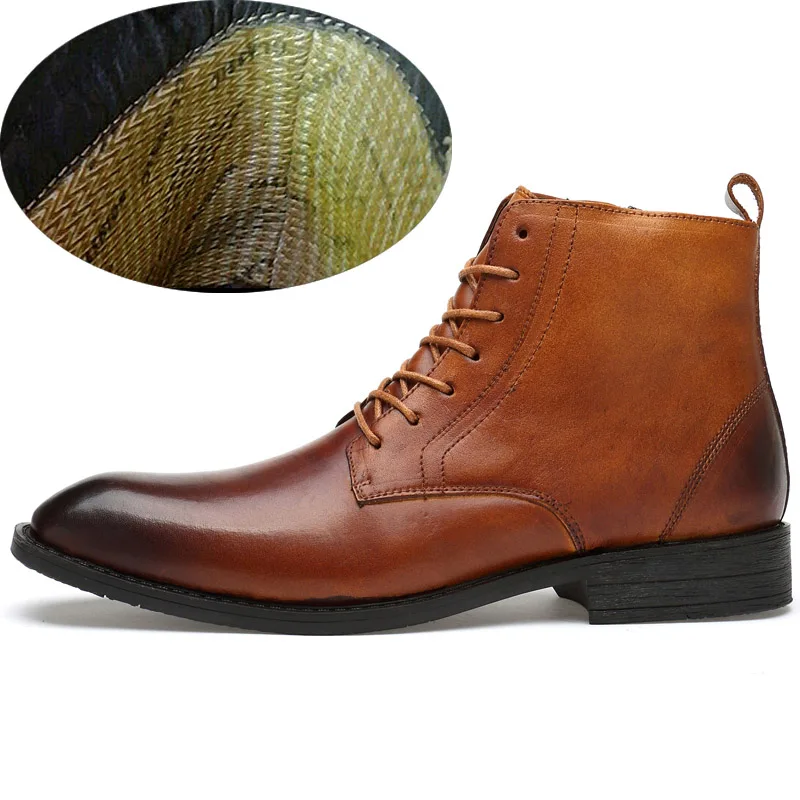 Зимние Для мужчин ботильоны челси из натуральной кожи телячья кожа, сделано вручную Высокое качество класса люкс Резиновые теплые мужская зимняя обувь# YY9206 - Цвет: brown