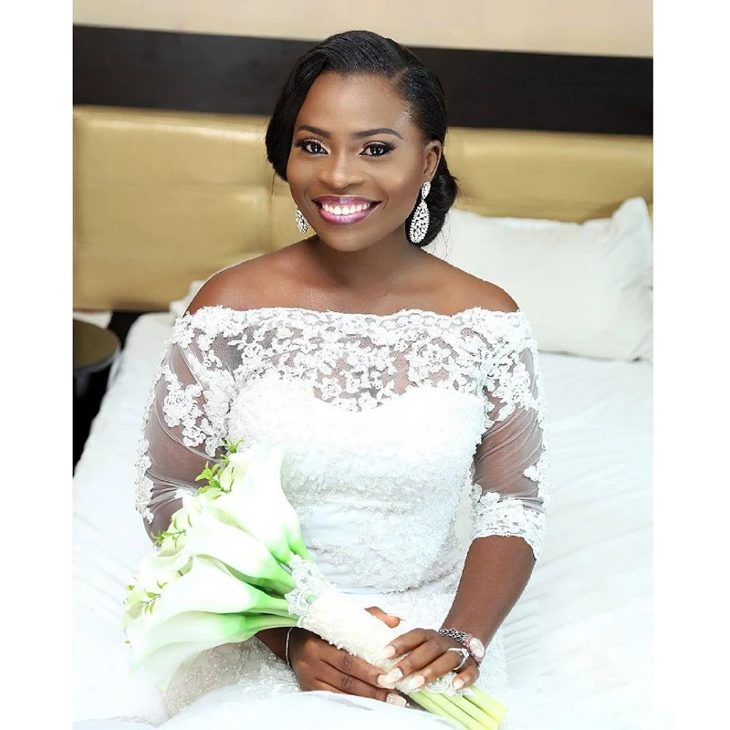 

Charming South Africa Wedding dress 3/4 Sleeves Plus Size Beads Lace Bridal Dress Fluffy Ruffles Tiered Mermaid Wedding gown