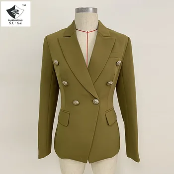 

OLDSJ Women's Suit Jacket Classic Metal Lion Head Buckle Double-breasted Suit Army Green/ womens blazers/women's tweed blazers