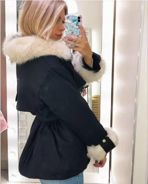 Женское модное пальто теплая зимняя куртка с меховым воротником Черный Розовый Ветровка