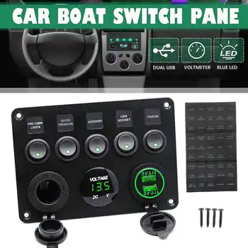 

5 Gang ON-OFF Toggle Rocker Switch Control Panel with Digital Voltmeter Dual USB Charger 12V-24V for Car Marine Boat