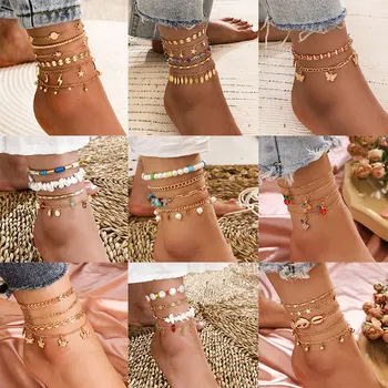 

KMVEXO Bohemian Stars Shell Butterfly Anklets for Women Crystal Pearl Multilayer Foot Ankle Bracelet on Leg Beach Anklet Jewelry