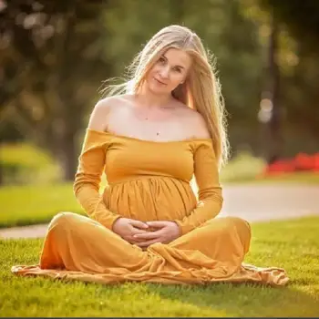 

Women Solid Fancy Long Sleeves Elegant Fitted Soft Maternity Maxi Dress Sexy Photography Props Off Shoulder Pregnant Shooting