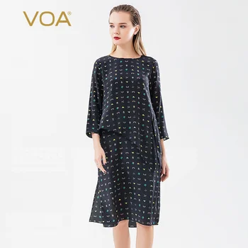 

VOA Silk Lace Round Neck Nine-point Sleeve Black Bottom Print Fake Two Pieces European and American Simple Pullover Dress AD21
