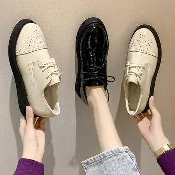 

Spring 2020 Autumn New Students Casual Shoes Woman British Increased Single Shoes Lace Up Solid Leather Oxford Shoes for Women