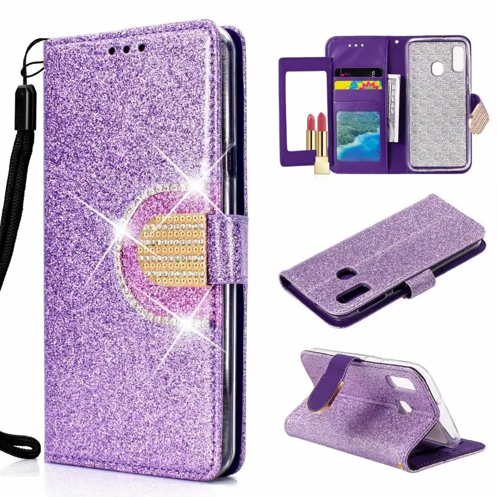 

Phone Case For Samsung Galaxy A70 A50 A40 A30 A10 Shining Bling Leather+Soft TPU Card Slot Wallet For Samsung Galaxy M20 Cover