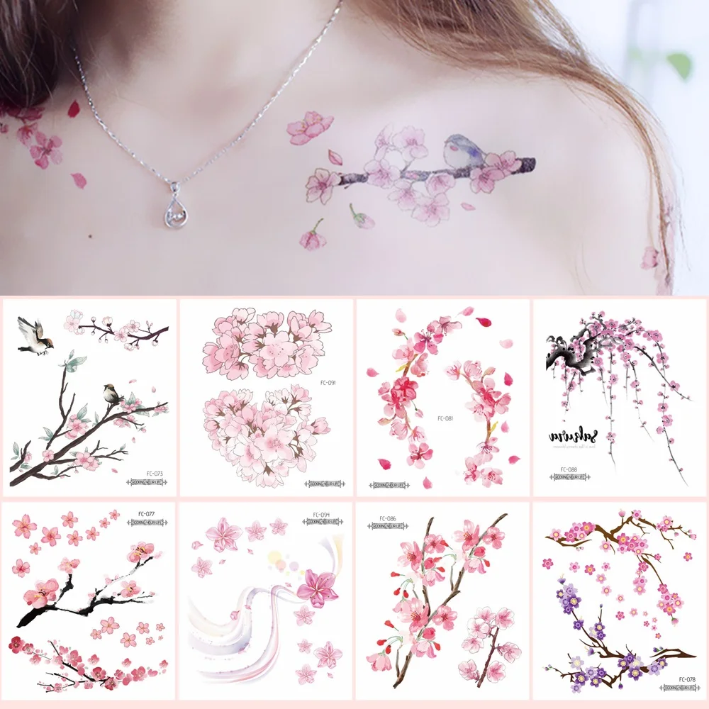24 Kinds Flower Tattoo Temporary Body Sticker Gradient Color Pink Sakura Flowers