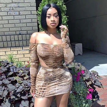 

Sexy Hot Croco Print Matching Set Women Off Shoulder Fashion 2019 Two Piece Outfits Long Sleeve Bodysuit And Skirt Sets Bandage