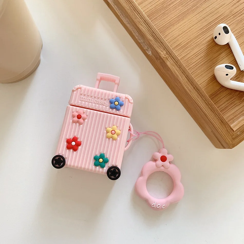 Flower Pink Для AirPods чехол Модный милый костюм чехол для багажника Чехол для багажа для Apple Airpods 2 защитный чехол для наушников с кольцом на палец - Цвет: Flower Pink