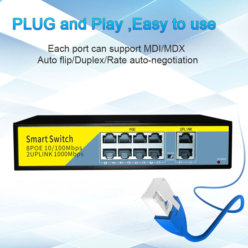 Uplinks para ap sem Fio Câmera de Vigilância de Rede 52v com 8-port Poe + 2 Terow Gigabit Ethernet Switch ou 0-250 Metros Poe 7 8-port poe + 2 uplinks para ap