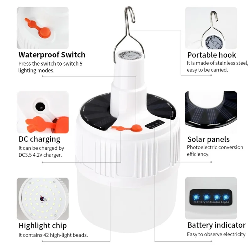 100W Solar Lamp Power Portable USB Rechargeable Solar LED Light 5 Modes Solar Bulb Outdoor Light For Dropshipping