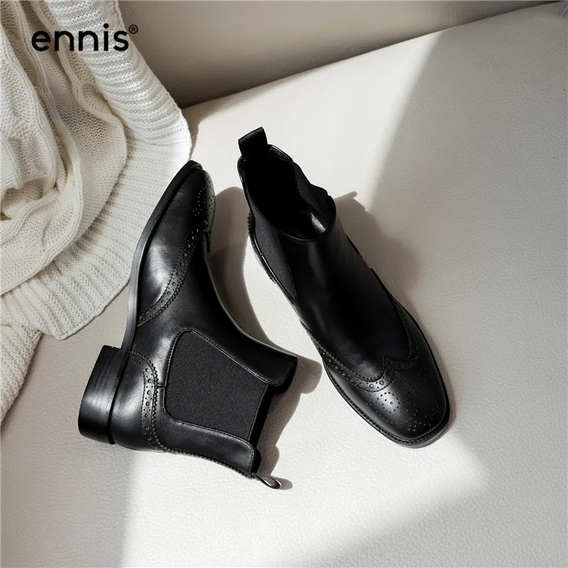ENNIS/ женские ботинки-оксфорды ботинки «Челси» из натуральной кожи ботильоны на низком каблуке Женская Осенняя обувь на плоской подошве черного и бежевого цвета Новинка A9165