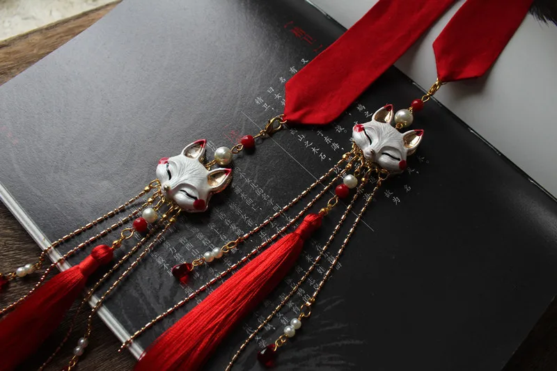 fox beaded tassel red Headband Ancient Chinese hair accessories hanfu kimono ribbon for COSPLAY SIZE:3*156CM