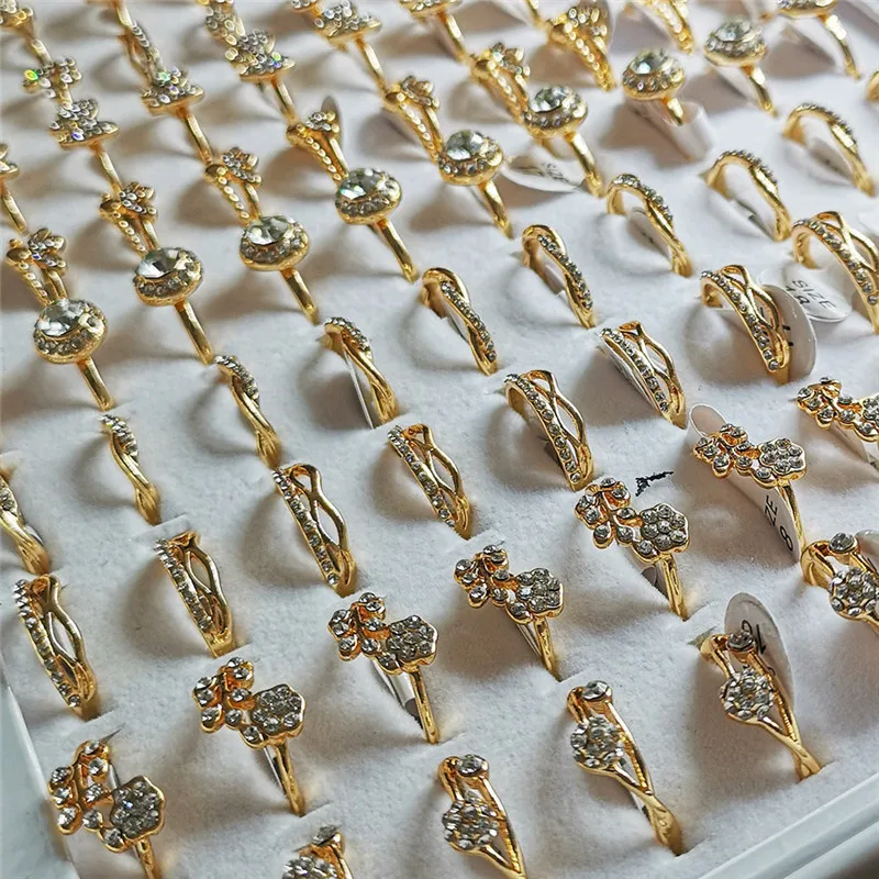 Crystal Rings 10Pcs Fashion Mixed Shiny Golden Color For Women Girls
