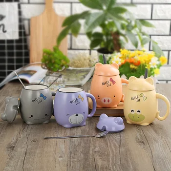 

Originality Ceramics Coffee Mugs Lovely Cartoon Animal Pattern Breakfast Cappuccino Latte Milk Tea Lovers Cups With Lid Spoon