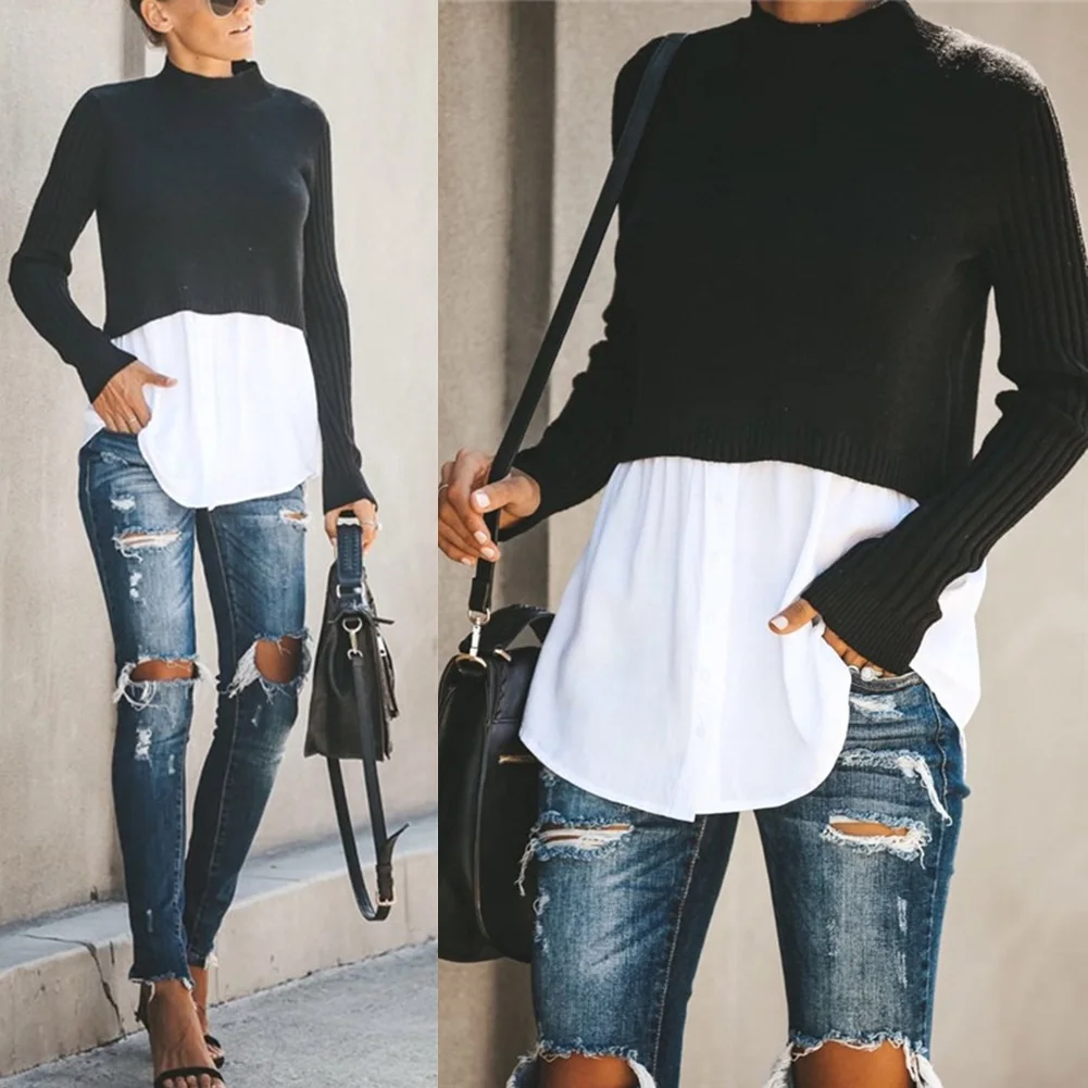 

Women Splicing Blouse Tops Round Neck Long Sleeve Button Sweater Casual Loose Shirt H9