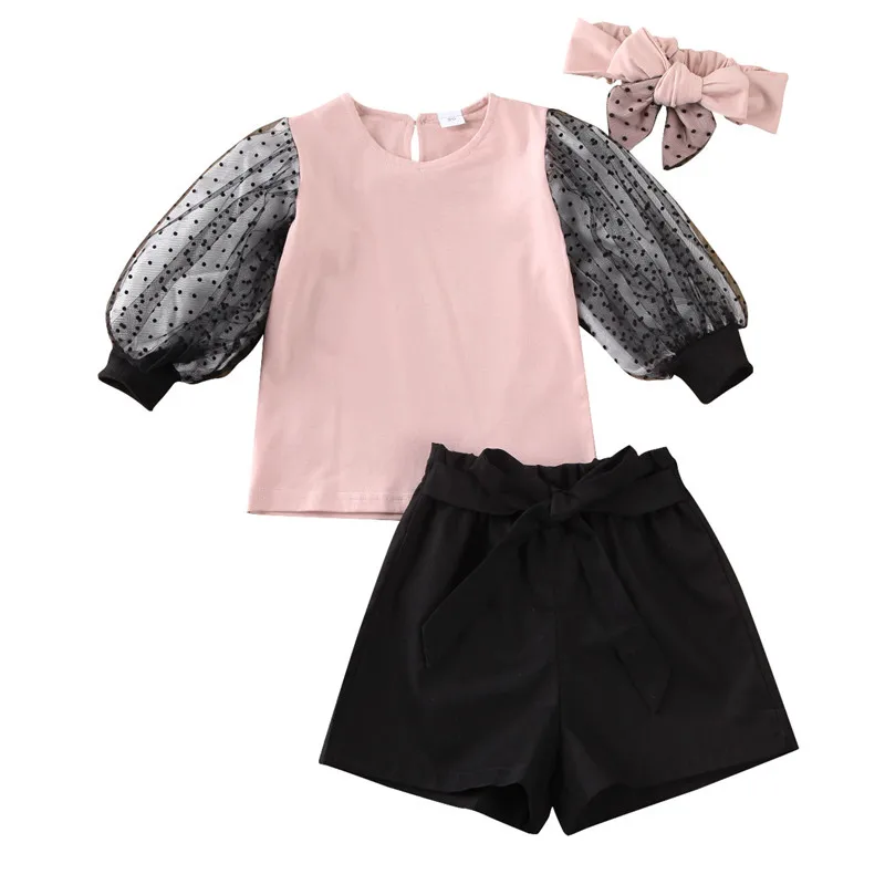 1-6 Years Baby Girl Clothes 3pcs Set Kid Lace Puff Sleeve T-Shirt Tops Black Bow Shorts + Headdress Kids Outfit Girls | Детская одежда