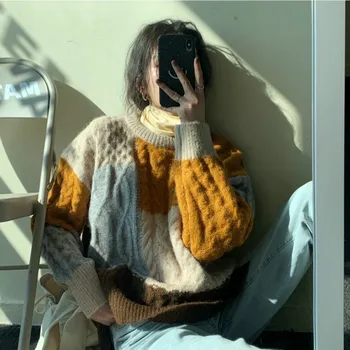 

Women Autumn Winter Vintage Round Collar Long Sleeve Twist Sweater Female Plus Size Loose Split Knitted Pullover Jumpers