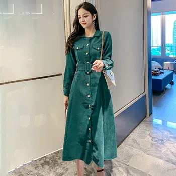 

COIGARSAM Vintage Women Long dress Spring Open Stitch High Waist Dresses Black Dark Green 36380