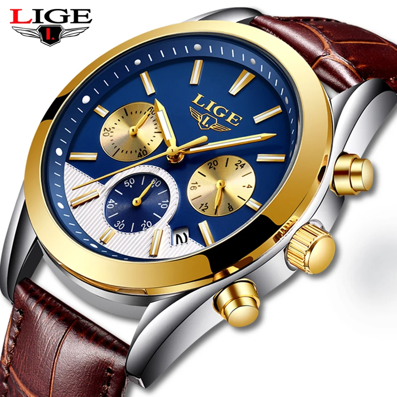 Billig Relogio Masculino LIGE Herren Uhren Top Brand Luxus Gold Blau Sport Uhr Männer Klassische Mode Zifferblatt Wasserdicht Datum Quarz Uhr