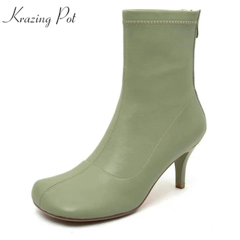 

Krazing Pot cow leather stiletto high heel round toe matcha green color keep warm European design stretch fabric ankle boots L29