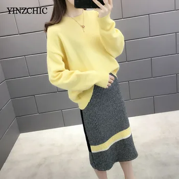 

Woman Knitted Sweater Skirt Suit Autumn New Female Casual Two Pieces Sets Winter Warm Woman Loose Sweater Pencil Skirt Suits