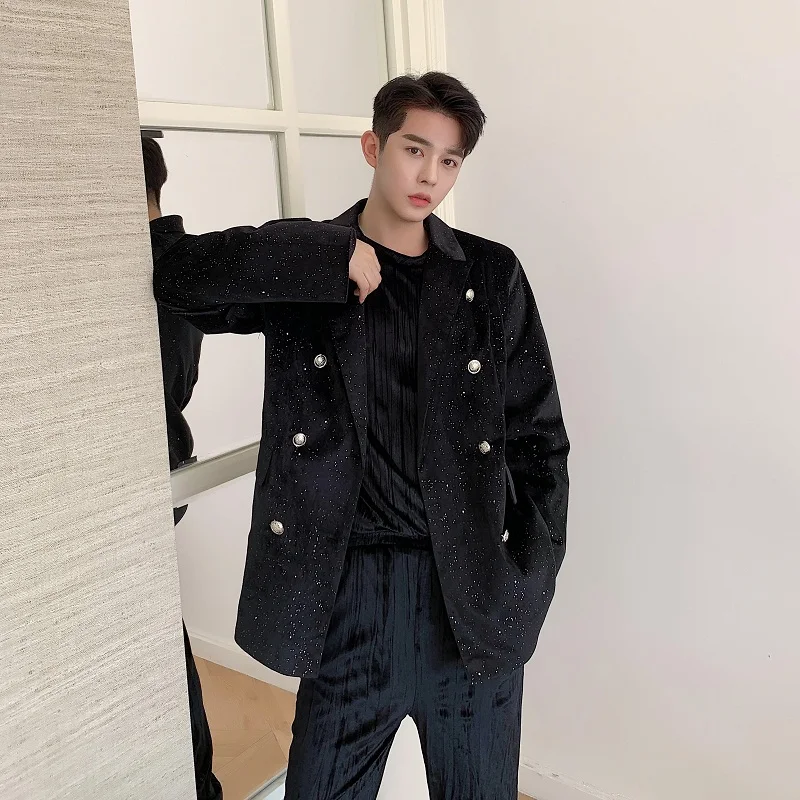 

Male Fashion Suit Coat Outerwear Men Double Breasted Vintage Velvet Diamond Casual Suit Blazer Jacket Stage Show Clothing