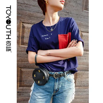

Toyouth 2020 Summer Women T-shirt Hit Color Large Pocket Letter Print Loose Short Sleeve T-shirt Tees Tops For Women Female
