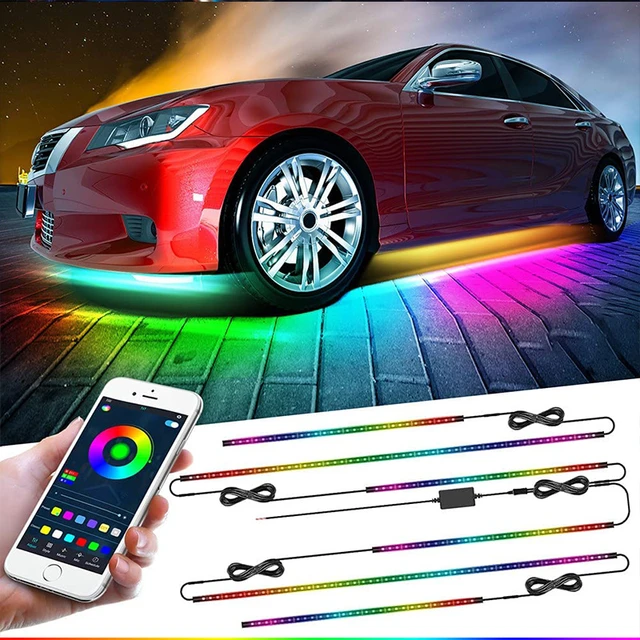 Acheter 12 lumières LED (4 pièces) colorées pour intérieur de voiture,  bande lumineuse d'ambiance avec contrôle vocal/application, néon RVB, éclairage  intérieur de voiture, décoration de voiture