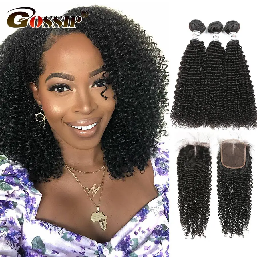 Gossip Human Hair Bundles With Closure Afro Kinky Curly 3 Bundles With