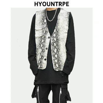 

Fashion Hip Hop Sleeveless Vests Mens Cargo Snake Printed Button Military Vest Jacket Streetwear Loose Tactical Vest Sweatshirts