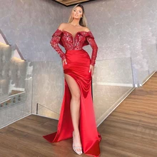 Yipeisha – robe de soirée de forme sirène, asymétrique, épaule dénudée, à manches longues, délicat, perlée, bleu ciel