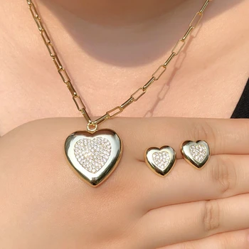 

Luxury Heart Gold Color copper Jewelry Set For Women Zircon Stone Pendant Necklace Charms stud Earrings Dubai Bridal Wedding Set