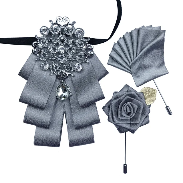 British New Fashion Men's Wedding Performance Groom Wedding-Party Flower Collar Bow Tie Pocket Towel Square Set Men Accessories SilverGraySet-WHITE1