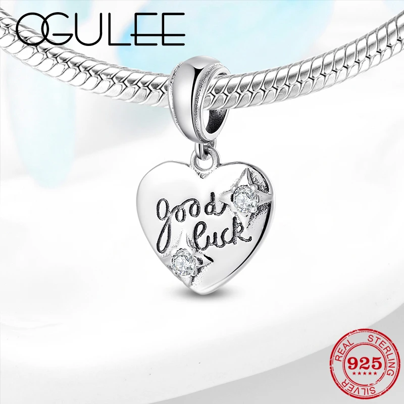 

New 925 Sterling Silver Letter Good Lucky Heart Charm Pendant Bead DIY Fit Original Padora Charm Bracelet Women Jewelry Making