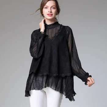 

2020 Spring Autumn Plus Size Blouse Women's Clothing Ruffles Suede Stitching Chiffon Top Stand Pleasted Casual Blusas TA7650