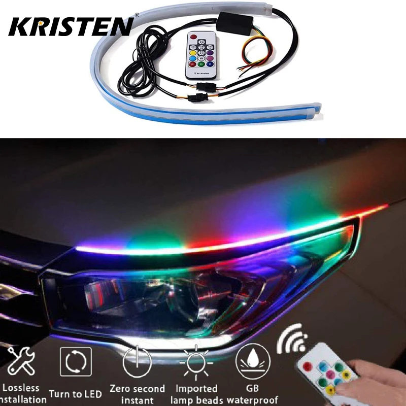 

2pcs Car Drl Led Daytime Running Light Turn Signal Flexible Soft Tube Guide Car RGB LED Strip Light Wireless Remote Control