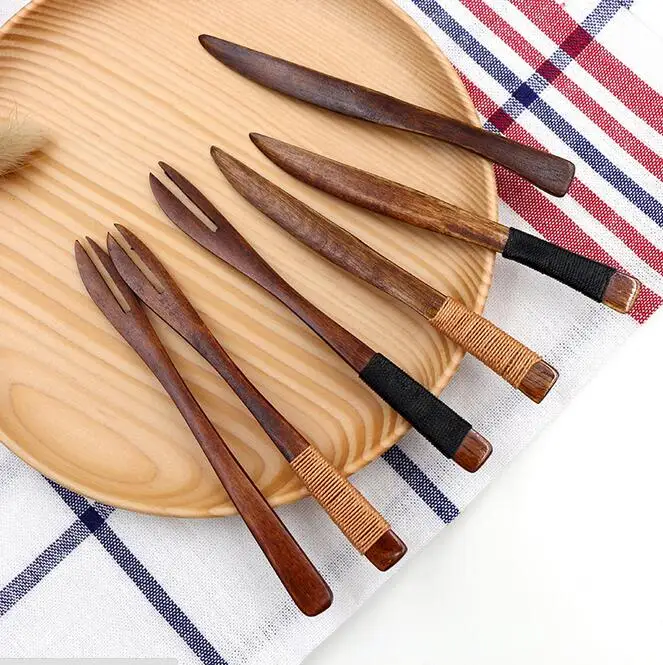 

10pcs/lot small wooden fork wood winding handle fruit forks dessert cake pastry knife and fork suit flatware for dessert