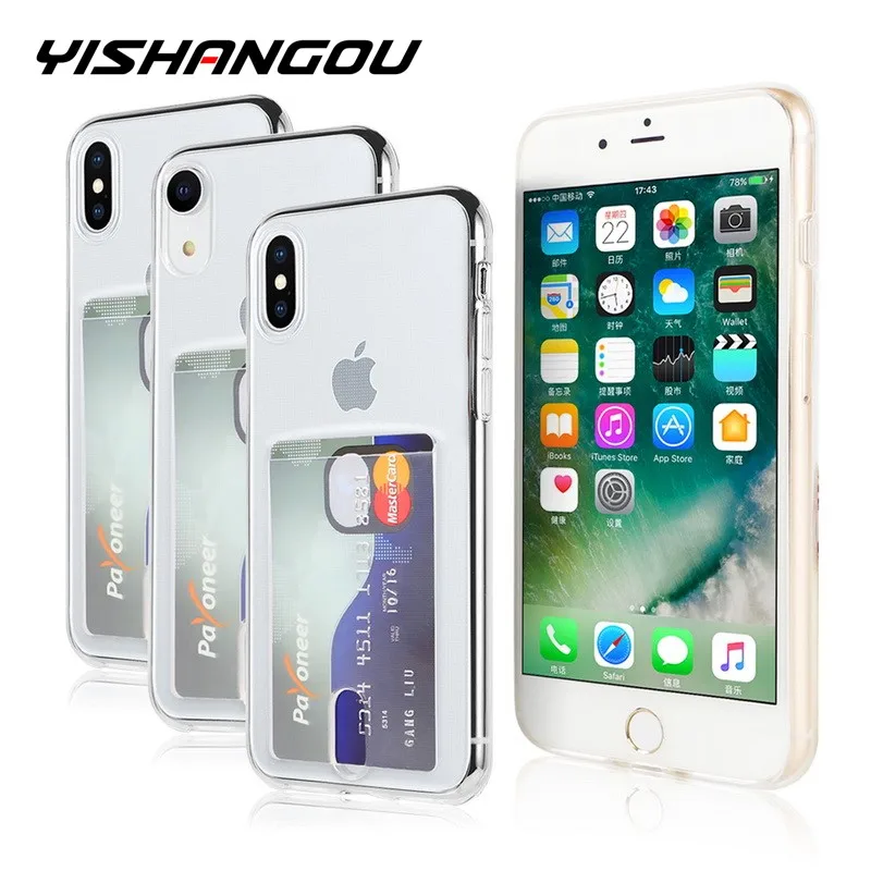 

YISHANGOU Credit Card Holder Transparent Case For iPhone 12 11 Pro Max 7 8 Soft TPU Back Cover For iPhone 6 6S Plus X XR XS Max