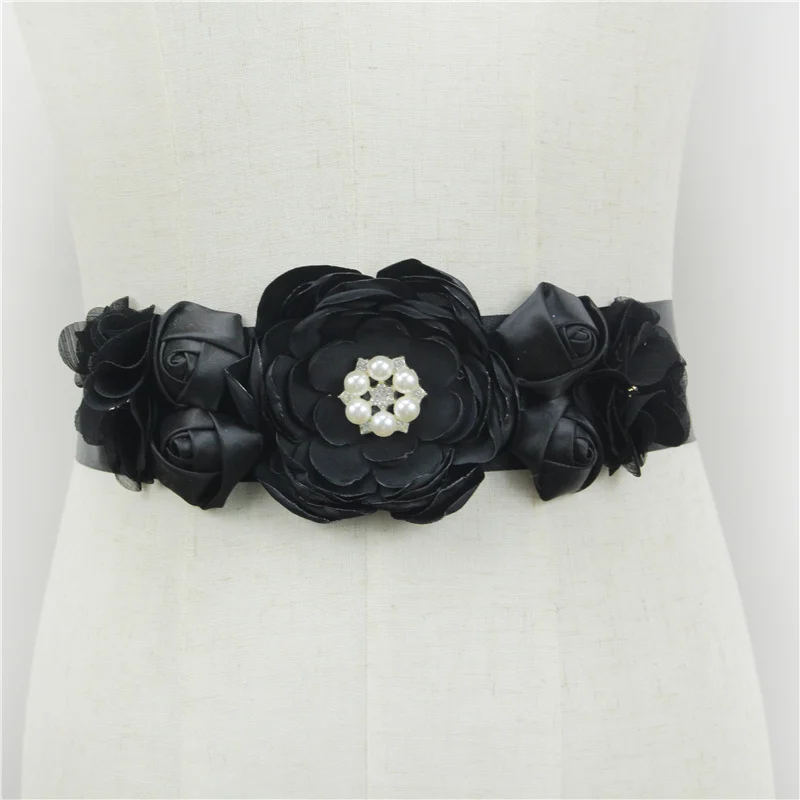 78.74in PInk Black White Pearl Flowers Wedding Belts Satin Rose Wedding Dress Belt Wedding Accessories Bridal Ribbon Sash Belt
